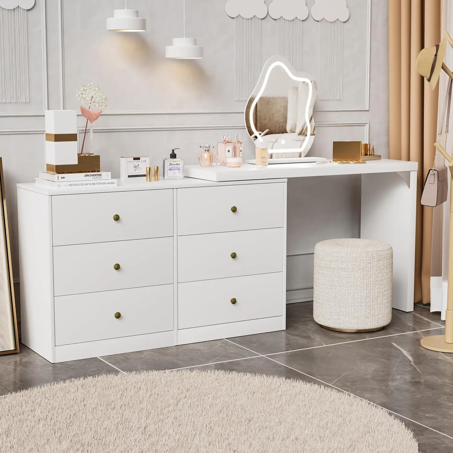 Vanity Desk with 3 Color Lighting Modes, Extendable Vanity Table with 6 Drawers, Girl's Dresser, Bedroom Dresser