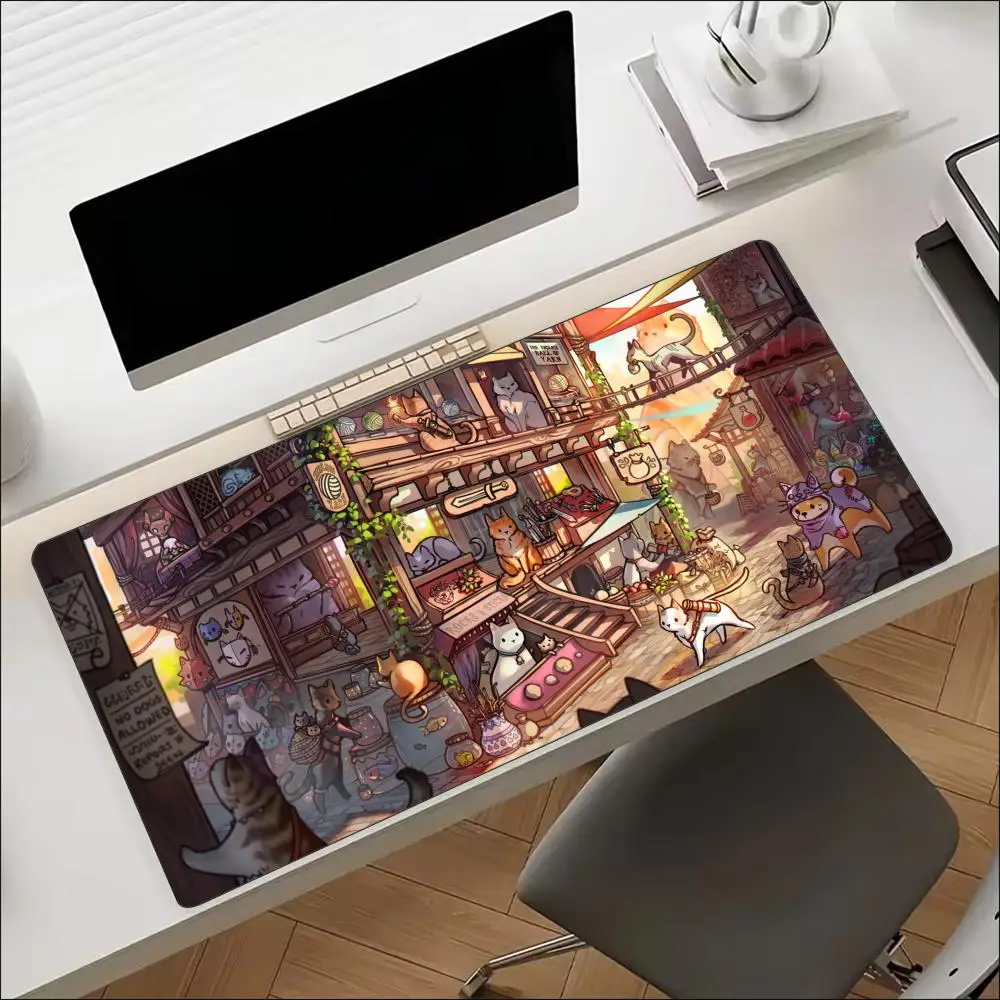 Cute Cartoon Cats Japanese Cat Cafe Crowd Anime Oversized Gaming Mouse Pad Non Slip Rubber Base Desk Mat for Feline Friend