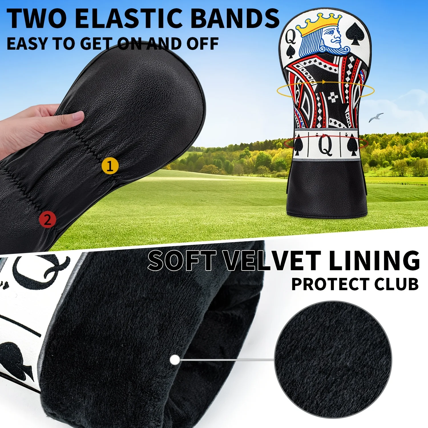 1/3pcs Golf Club Head Covers for Fairway Woods, Hybrids - Poker Card Spade Design, PU Material, Stylish And Protective, Unisex, image 3