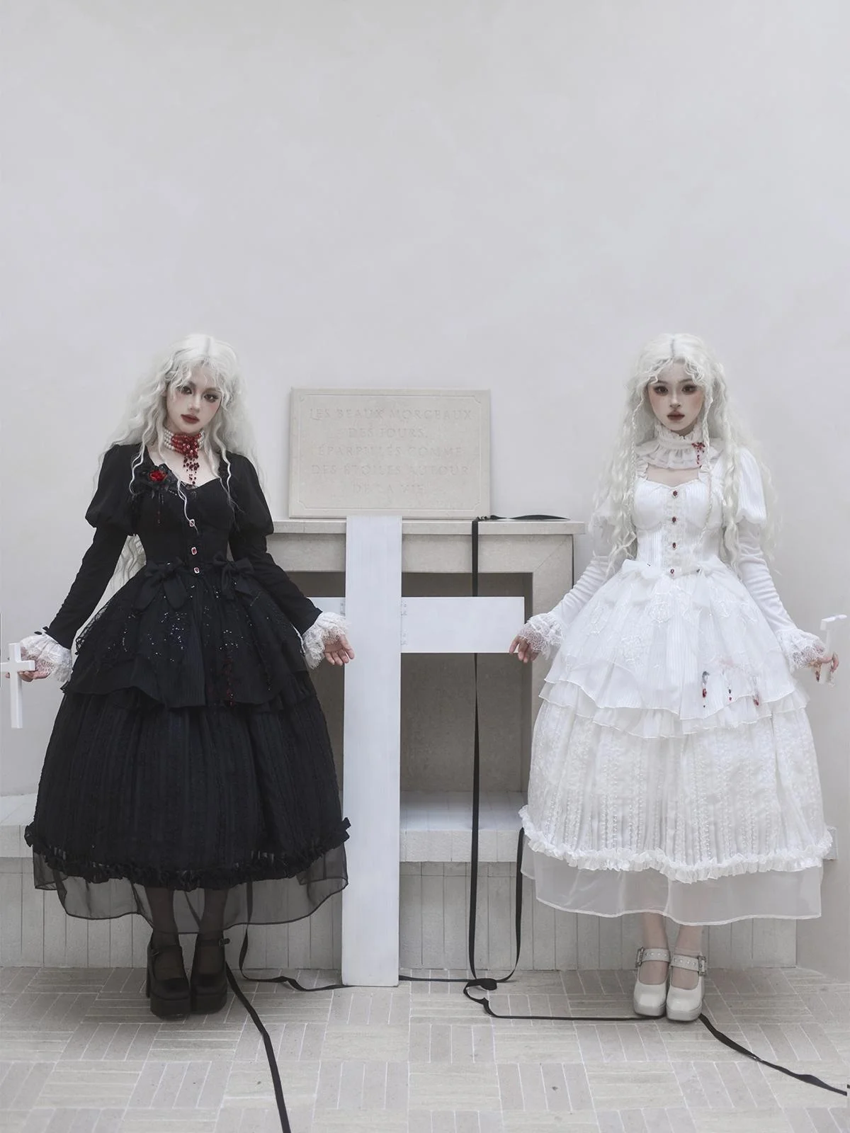 Gothic Bla White Long Sve Bubble Sve OP Set Spider Web Blood Drop loween Twin Witch Full Payment Lolita Dr Skirt - Image 3
