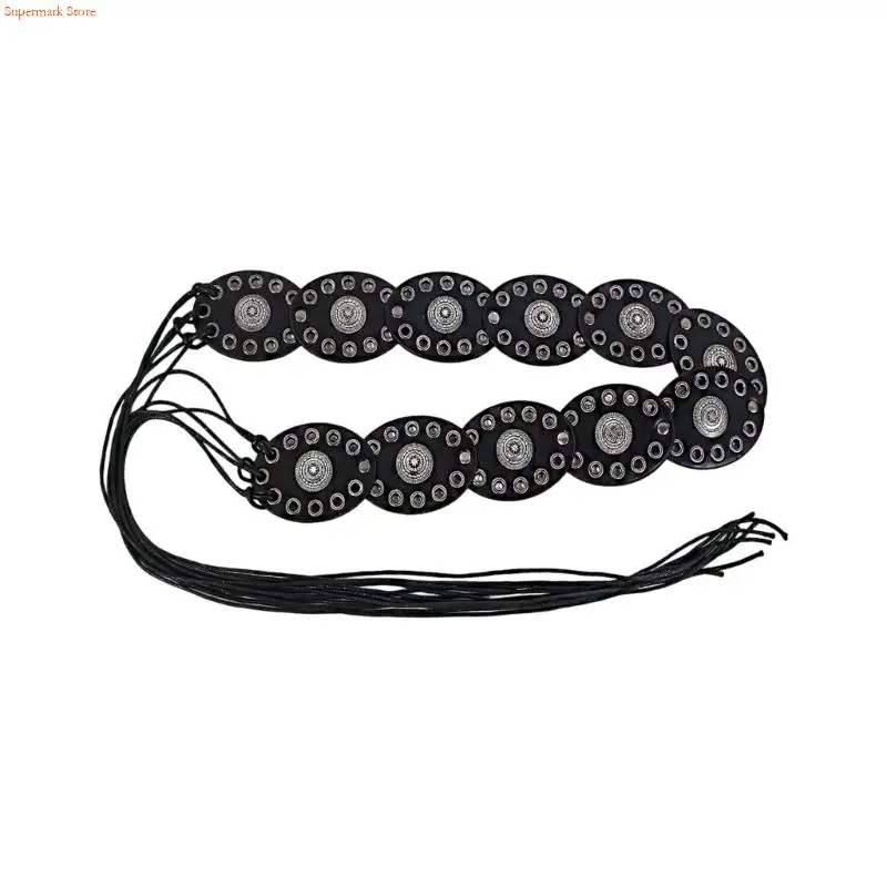 Q5WE حزام خصر مربوط بأربطة قابل للتعديل مع تصميم قرص بيضاوي بوهيمي لفساتين الجينز للنساء ملابس يومية لتزيين الخصر #5