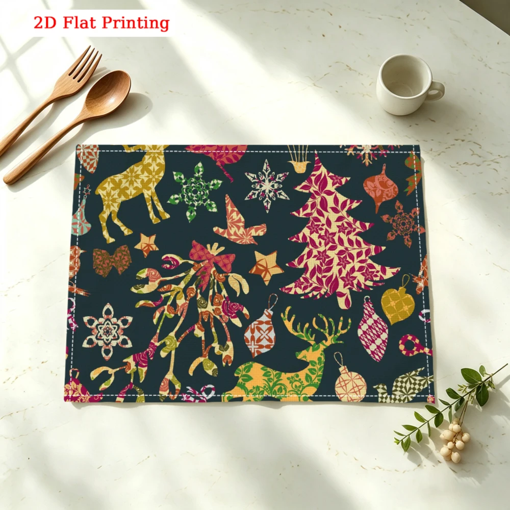 1Pc Christmas Deer Pattern Placemat Dark Blue Festive Reindeer And Snowflake Table Mat For Dining Kitchen Home Decor Use 30X40Cm