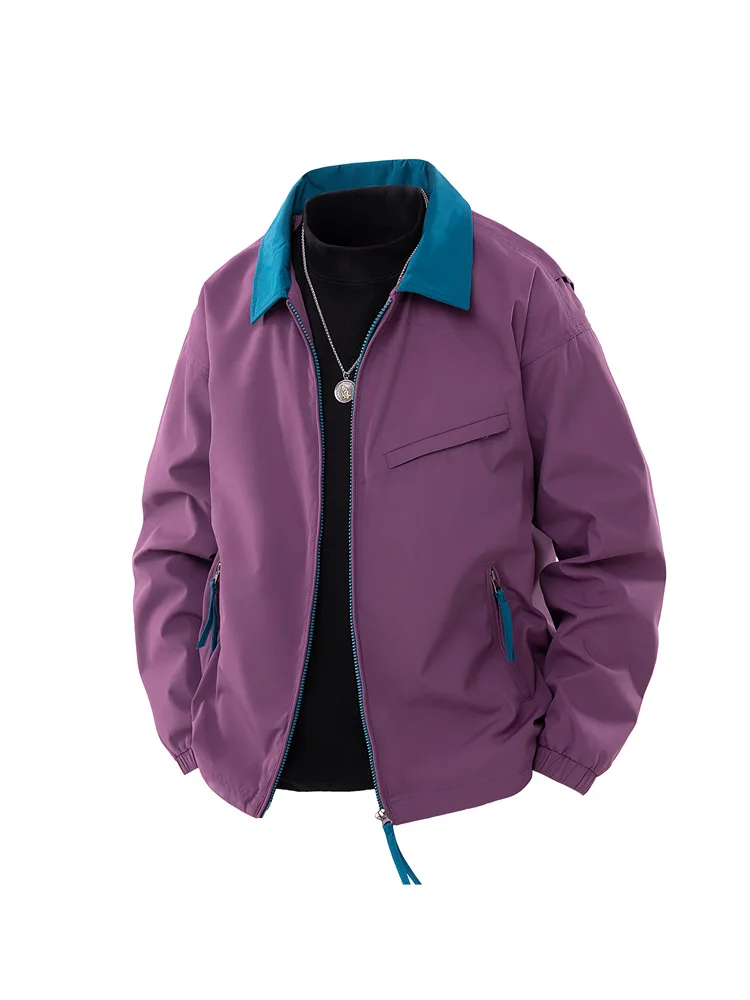 Man Cargo Jacket Autumn Contrast Color Turn Down Collar Zipper Male Outerwear Windproof Waterproof Long Sleeve Daily Men Coat