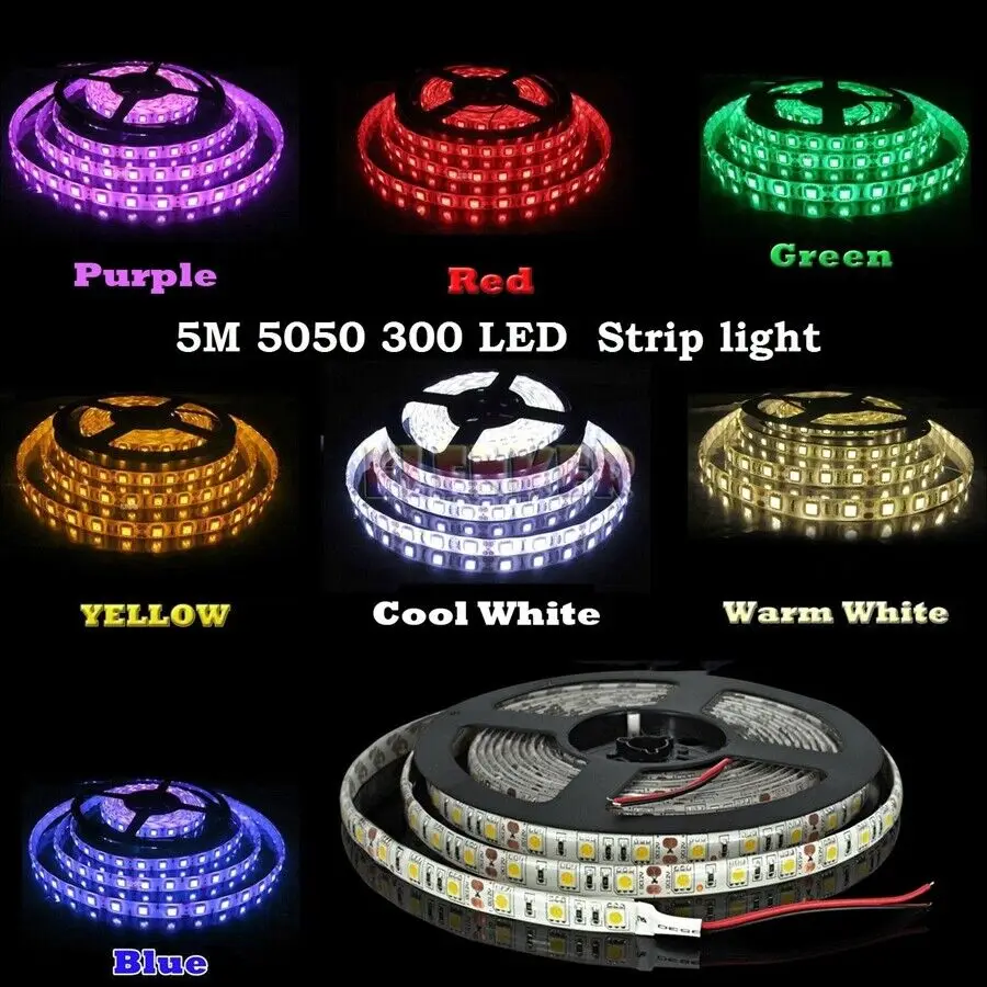 5M Led Strip Light 12V Waterproof Smd 2835/5050 60Leds/M Adhesive Led Tape Ribbon 300D White Blue Red Green Yellow Flexible Lamp