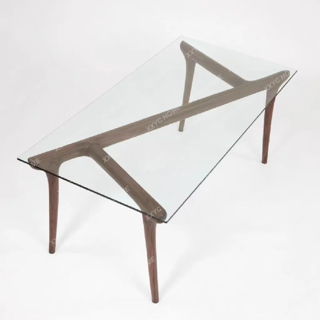 AABlack Walnut Log Dining Table Modern Retro New Chinese Style Simple Creative Solid Wood Tempered Glass Countertop
