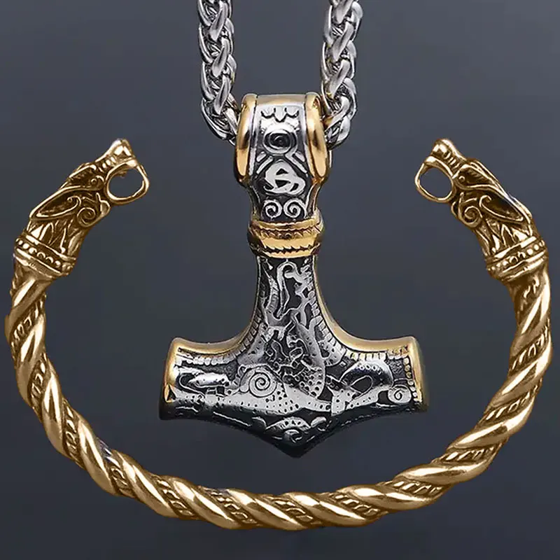 

2-piece Set Viking Retro Hammer Pendant Wolf Head Necklace AndBracelet Set Scandinavian Norwegian Style Necklace Amulet Jewelry