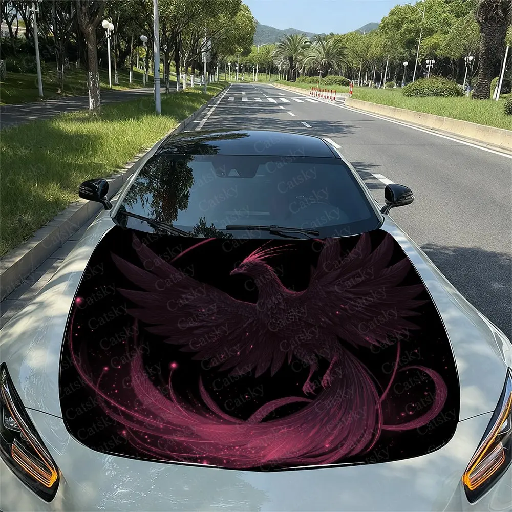Pink Ink Phoenix Car Vinyl Wrap, PVC Material Waterproof Car Hood Sticker