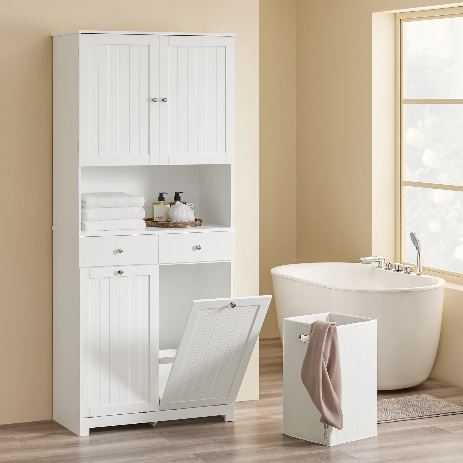 SoBuy BZR215-W Armoire de salle de bain haute avec 2 paniers à linge, 2 tiroirs et étagère ouverte 78x38x181 cm