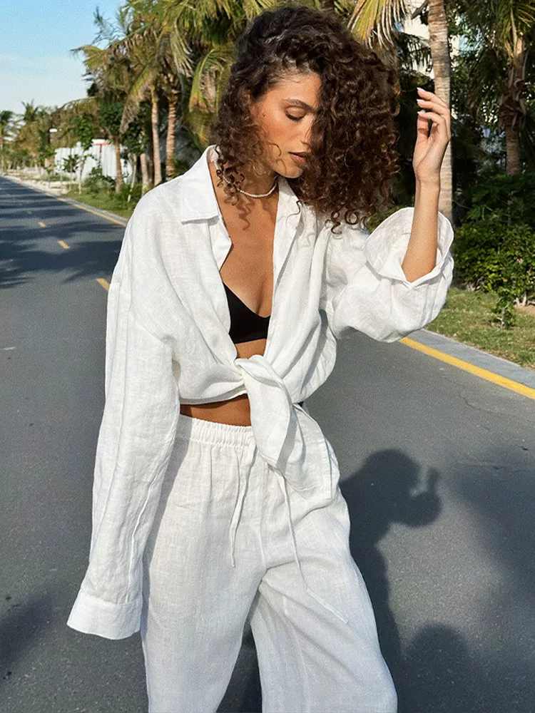 

Однотонный хлопковый льняной комплект рубашек с длинными рукавами, женский белый комплект с высокой талией и широкими брюками, костюм 2024, летний повседневный наряд для поездок на работу, новинка