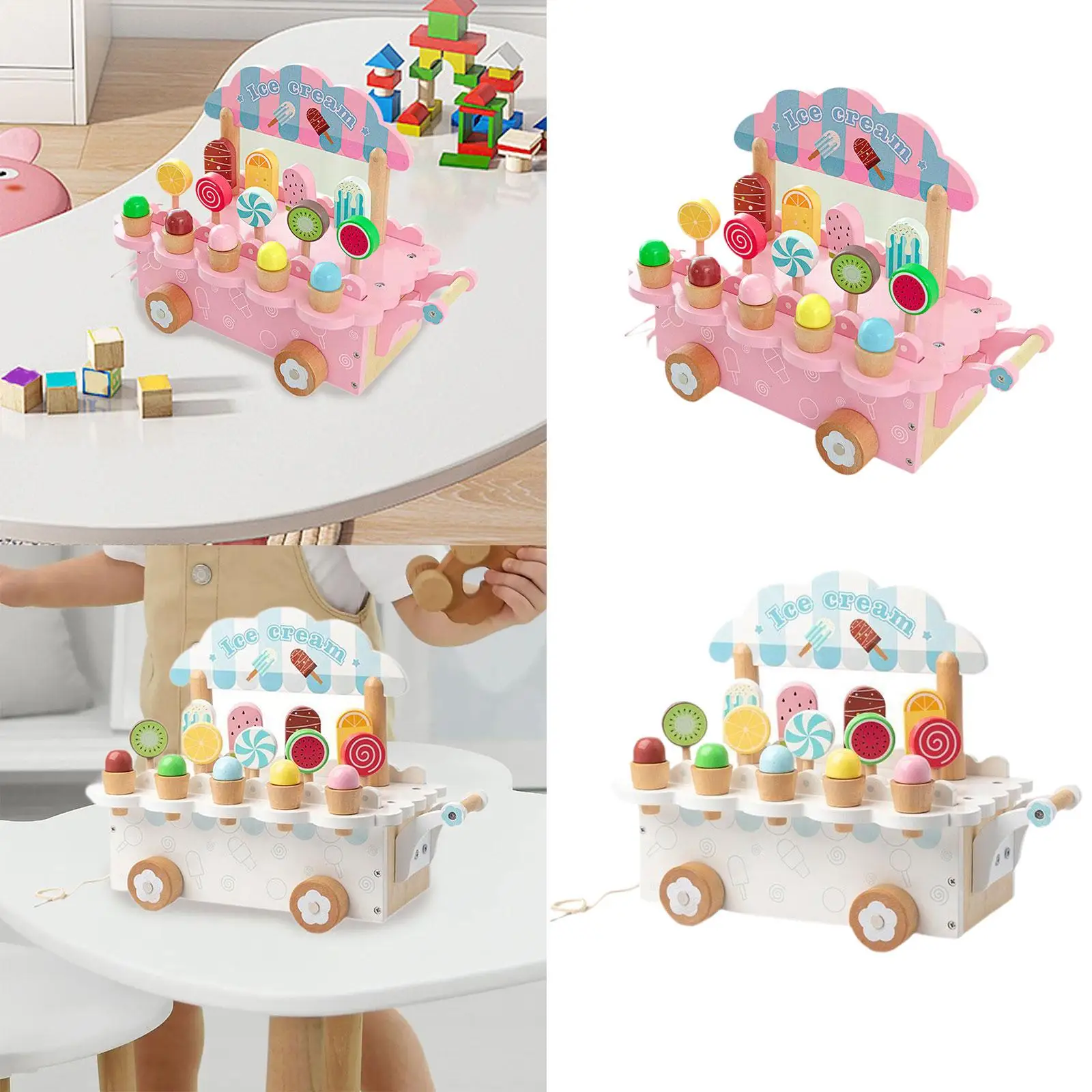 Wood Ice Cream Playset Kitchen Toy Play Kitchen Accessories Ice Cream Toy for Children Age 3 4 5 6 Years Old Boys Girls Gifts