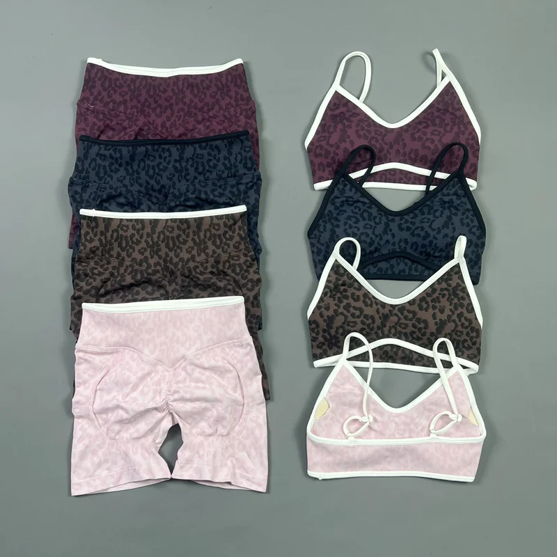 2Pcs HISTELLO Sports Set Leopard Print Women Sexy Seamless Bra High Waist Scrunch Butt Shorts Gym Yoga Workout Slim Fitness Suit