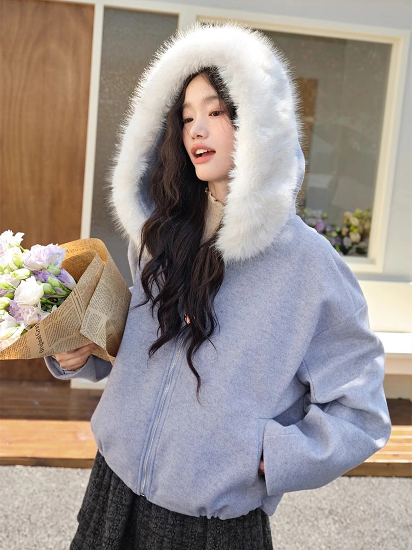

ay Purple Woolen Coat Women's ort Sle Warmth Collar Lazy Sle Autumn Winter New Arrival Commute Loose Fit Thiened Lo...