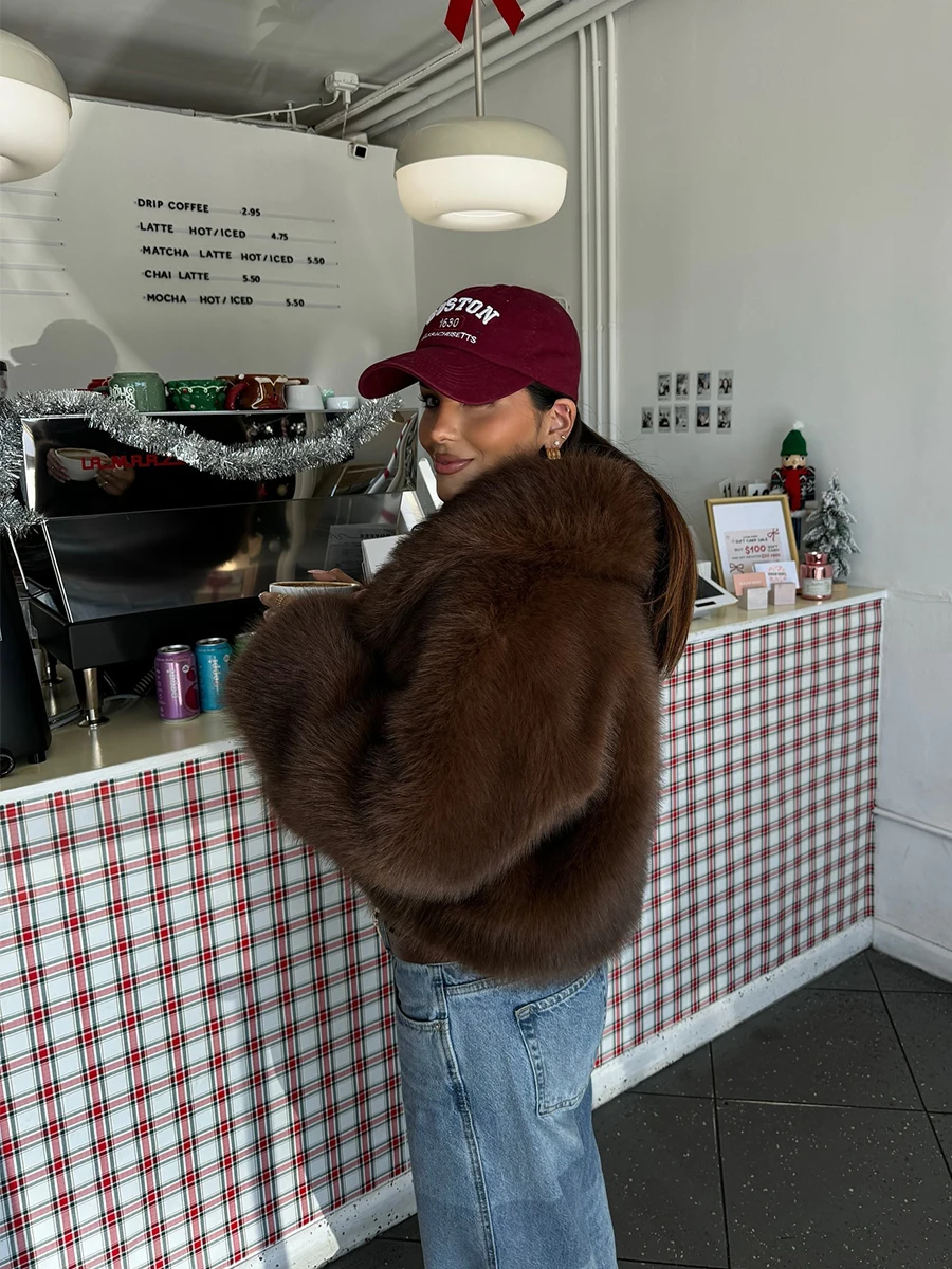 Moda aconchegante icônico fofo casaco de pele de raposa falsa para mulheres gola grande parka outwear marrom outono temporada quente peludo jaqueta de pelúcia