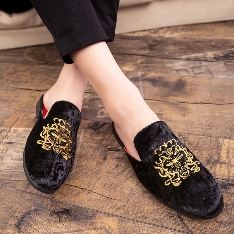 Summer Red Bottom Half Shoes for Men Black Loafers Slippers Suede Leather Casual Driving Shoes for Men Flat Sandals Mules Slides