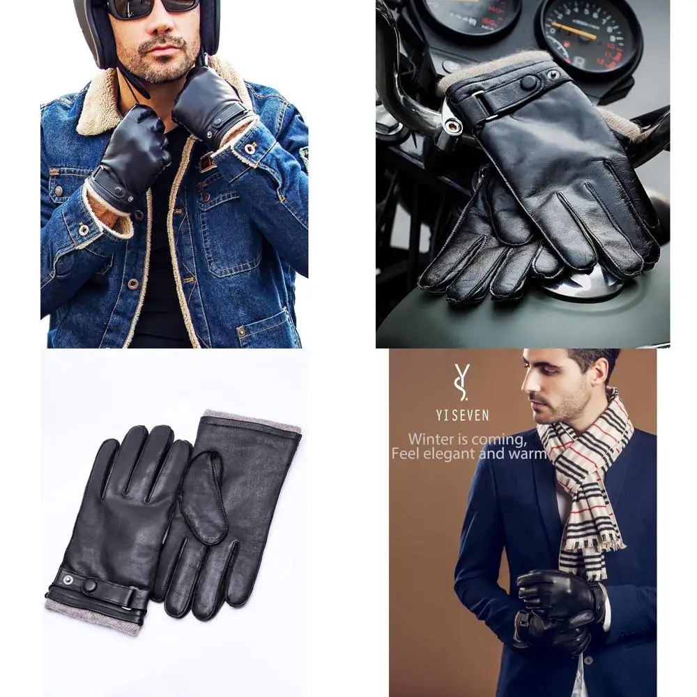 قفازات جلدية مبطنة بالكشمير تعمل باللمس للرجال - دفء ونمط جلد الخراف الشتوي