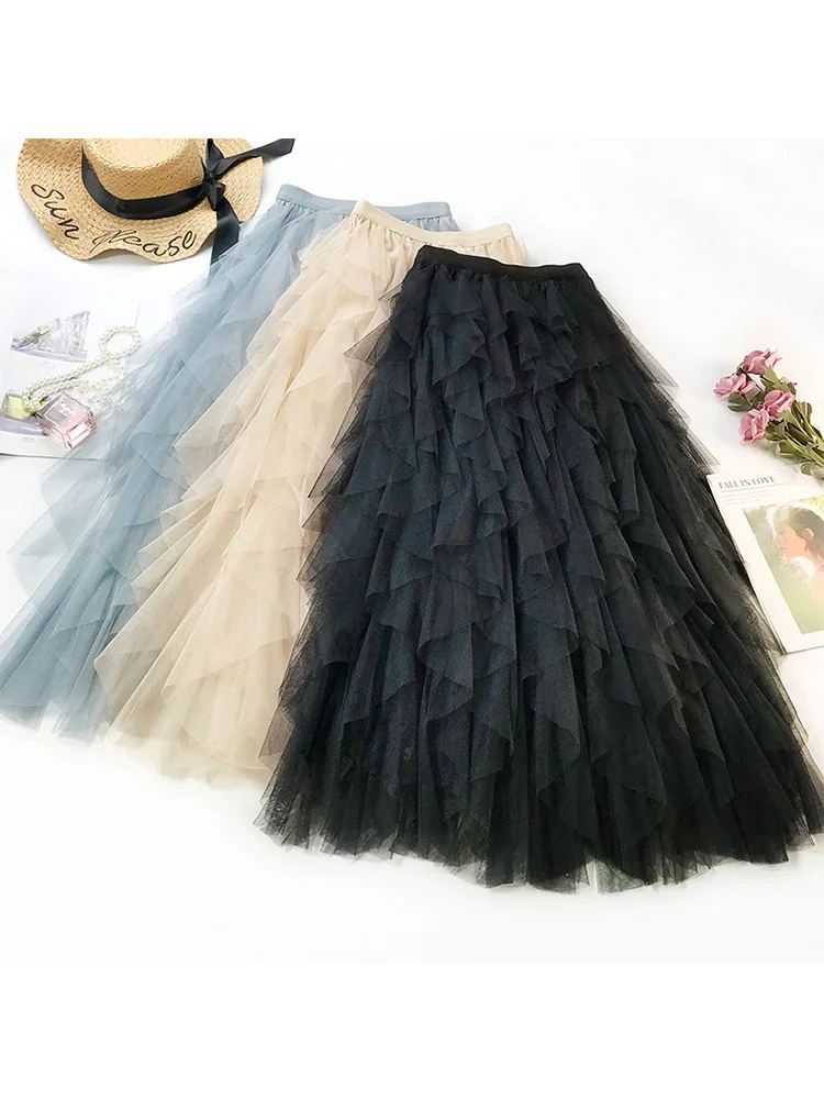 Fashion rok Tutu Tulle wanita, rok Maxi panjang perempuan, rok lipit pinggang tinggi hitam Pink Musim Semi Musim Panas 2024