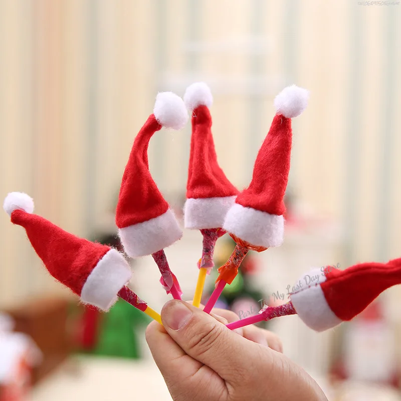 10 Uds Mini sombreros de piruleta de Navidad Santa Claus cubierta de botella de vino sombrero para DIY Navidad suministros de decoración para fiesta de Navidad