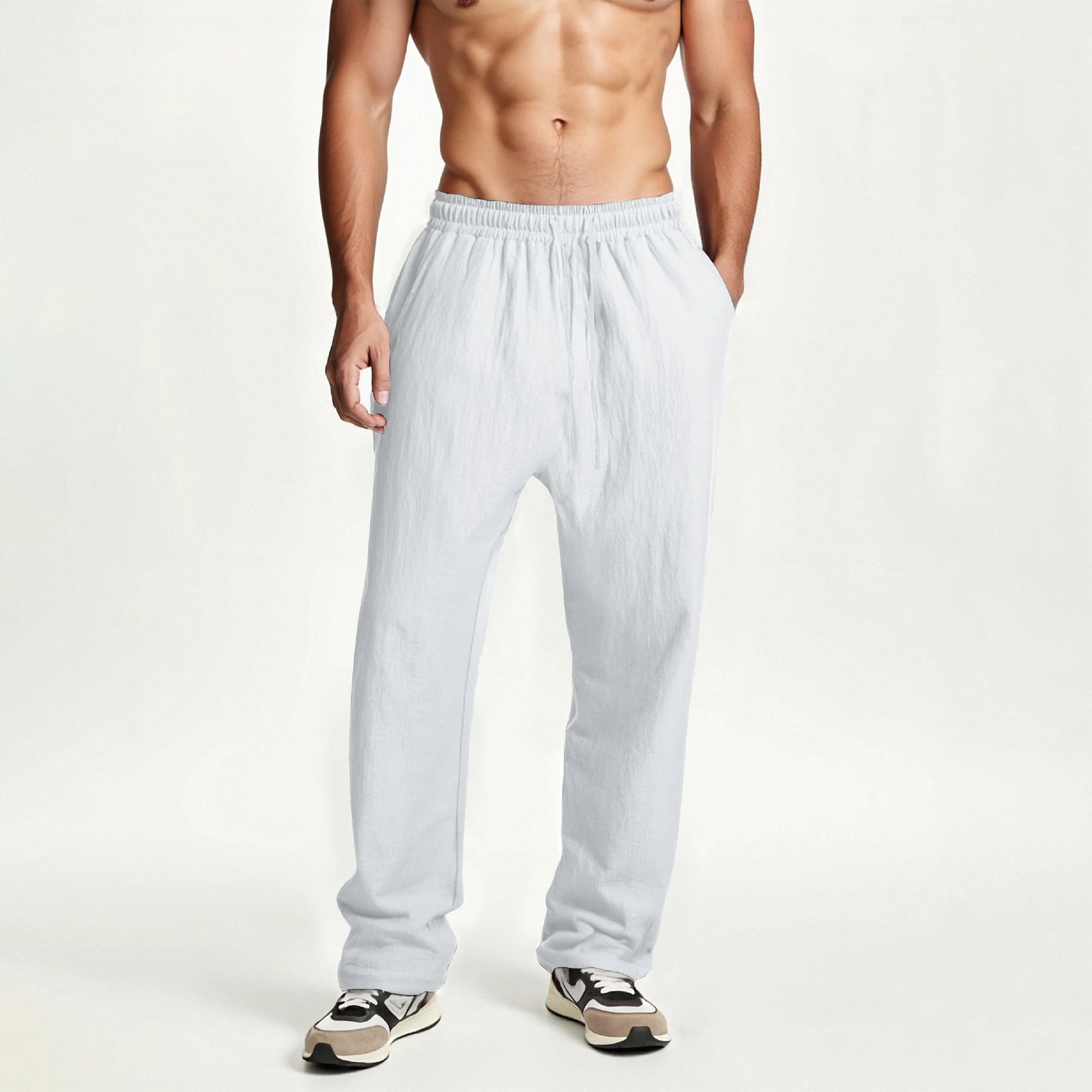 Men's summer solid color cotton and linen lace-up trousers with pockets fashionable and versatile casual men's trousers