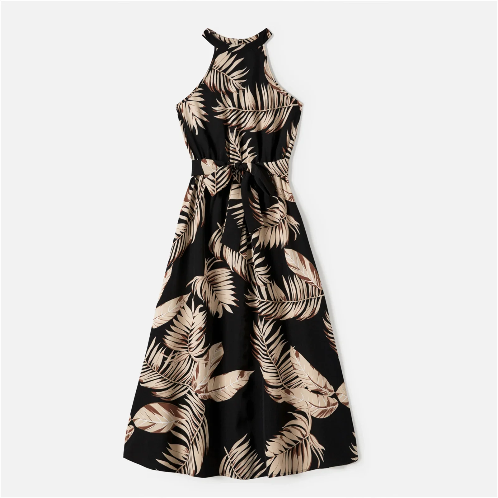 PatPat Family Matching Solid Leaf Sleeveless Halter Dresses And Short Sleeve Tops Sets Soft and Comfortable Perfect for Outings