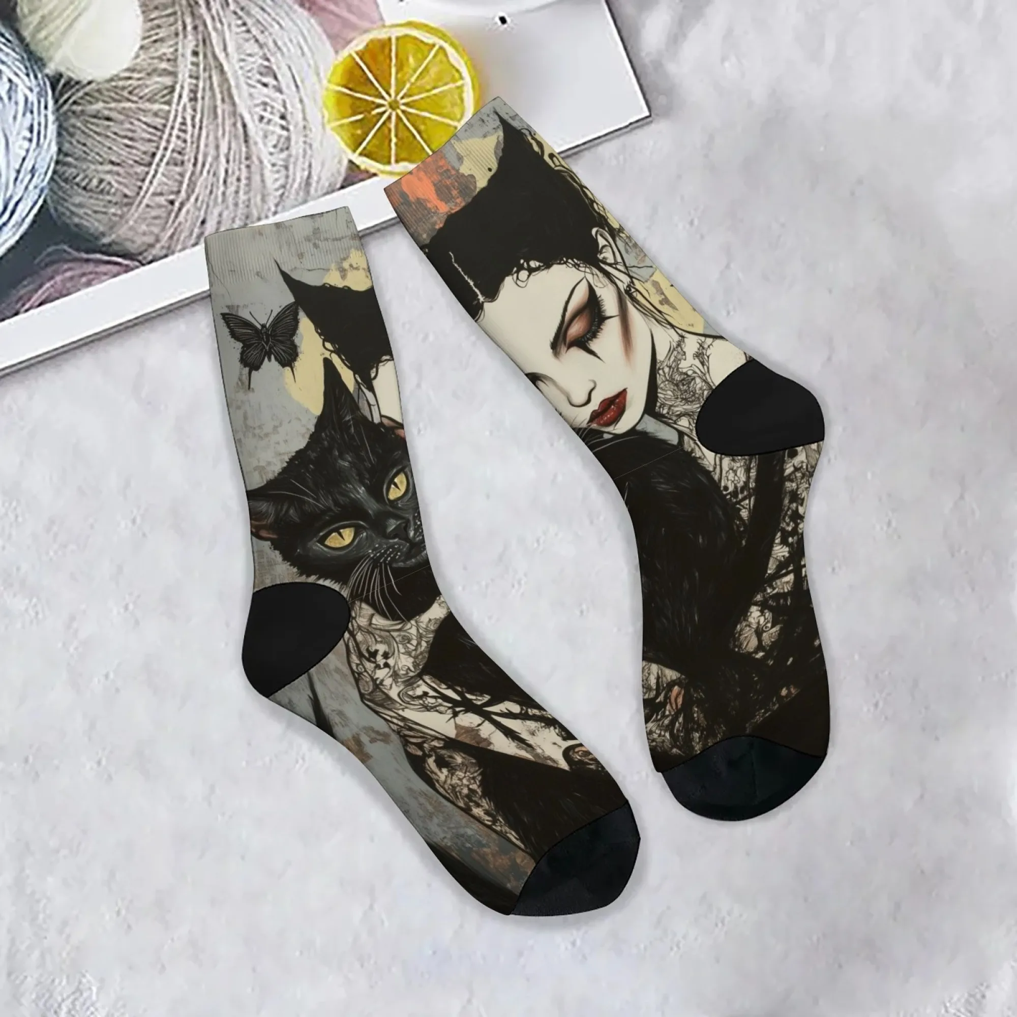 

Black Cat and Girl Gothic Art Socks Retro Style Casual Fashion Men's Socks Comfortable Breathable Crazy Street Hip-Hop Socks