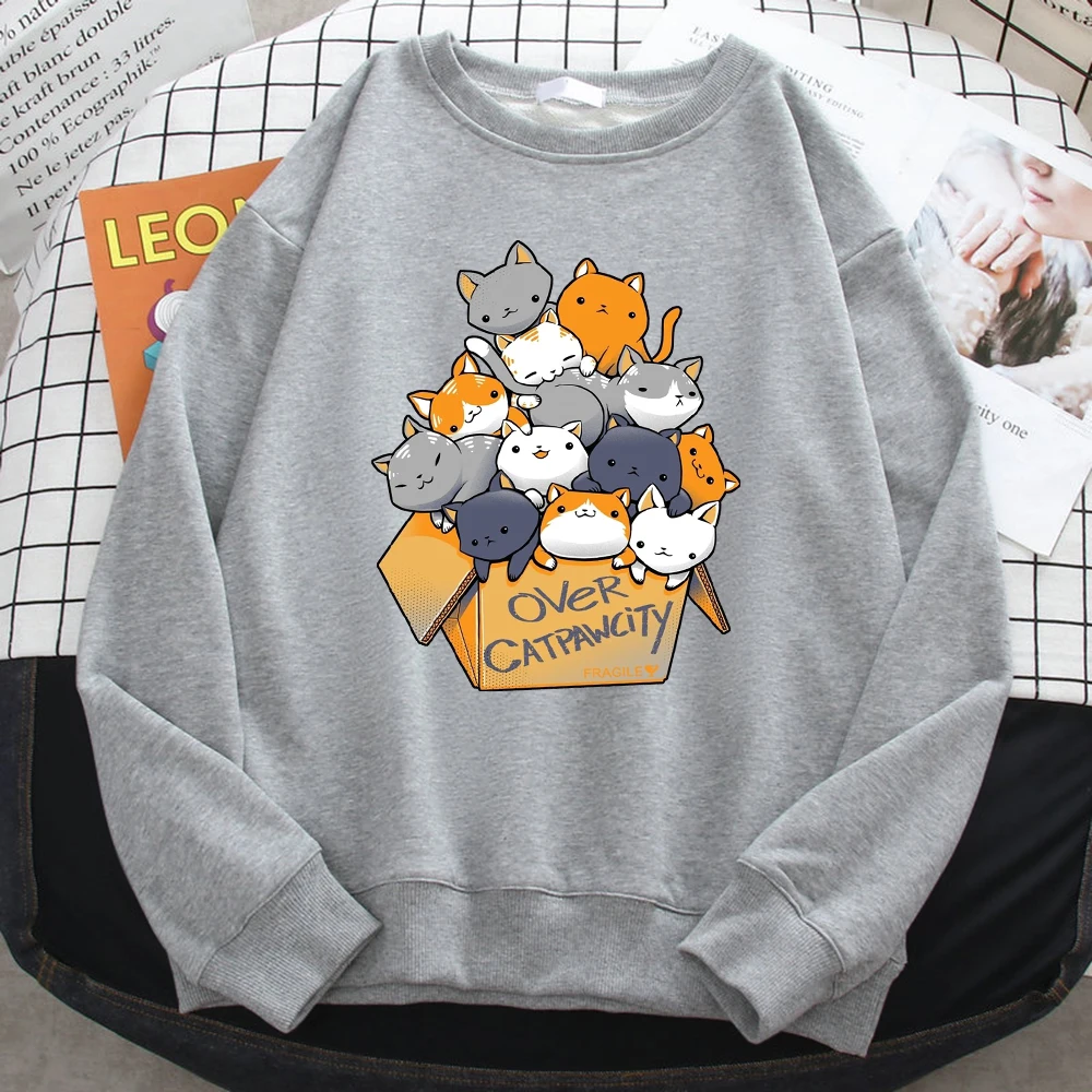 Autumn Casual Woman Pullover Many Cats Gathered In Printing Hoodies Comfortable Fleece Sweatshirt Crewneck Loose Female Clothes