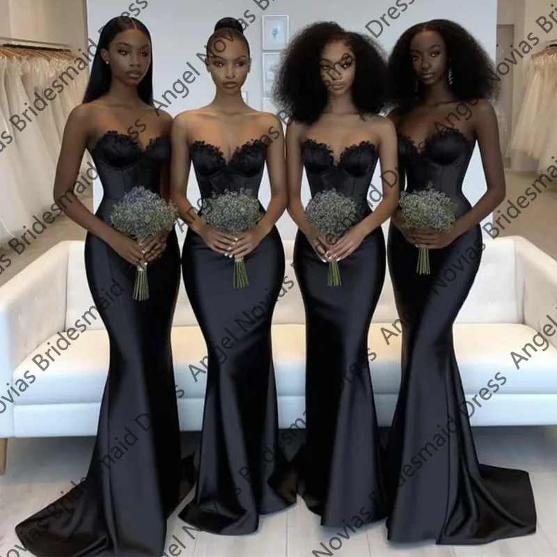 Customized Plus Size Mermaid Bridesmaid Dresses Strapless Pleat Satin Black Long Maids of Honor Gowns robe de fête de mariage