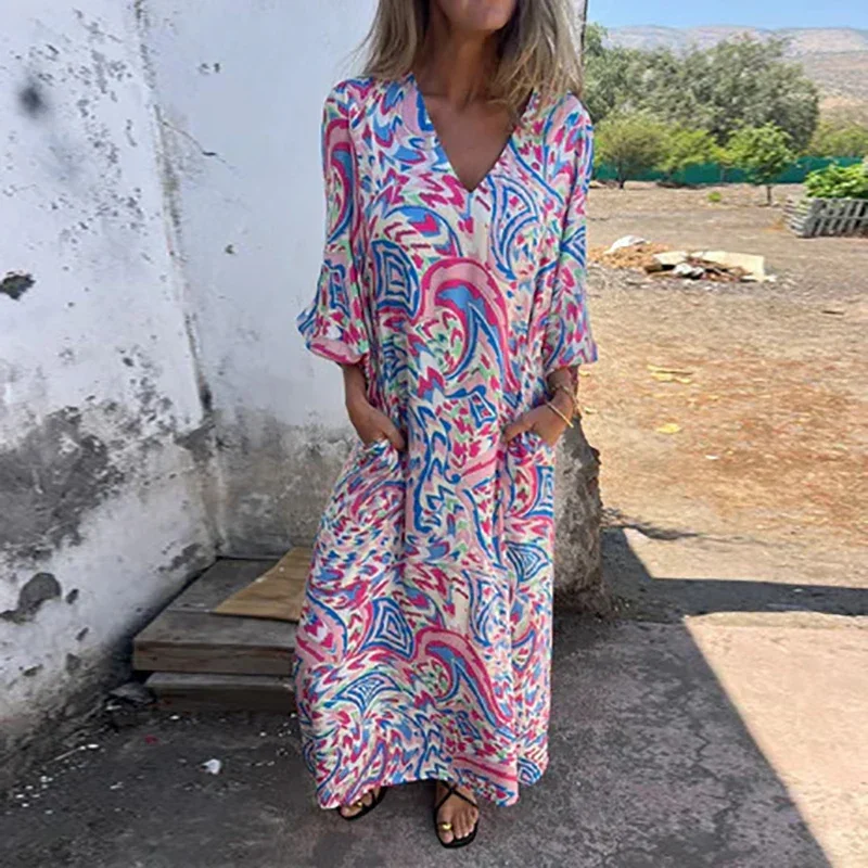 Abiti lunghi larghi con stampa leopardata vintage Donna 2025 Abito lungo con tasca con scollo a V elegante primavera Autunno Abito da vacanza Boho con maniche a 3/4