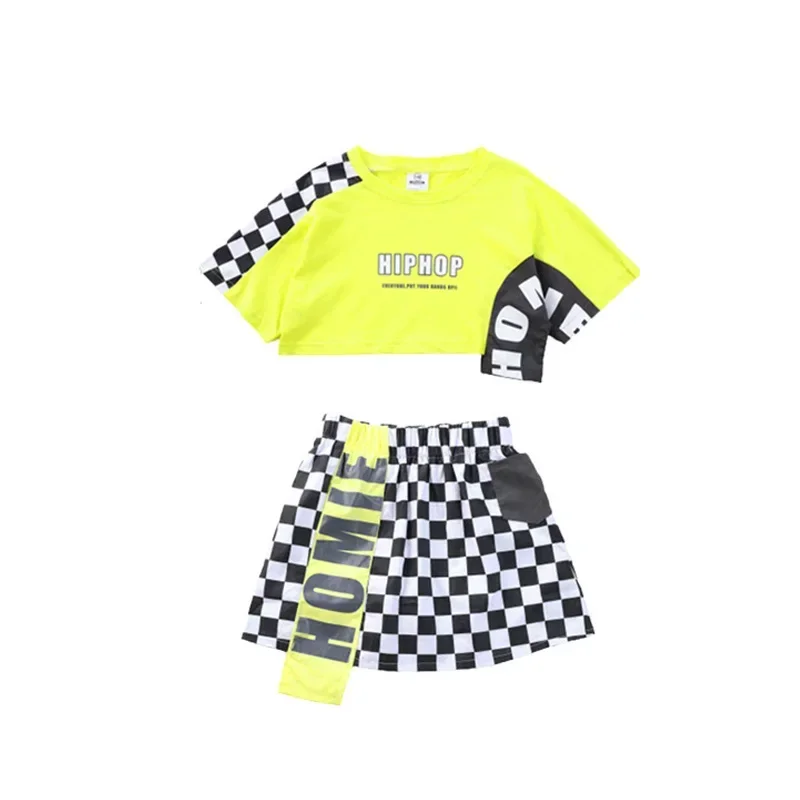 T Shirt Crop Top Summer Shorts Checkered Skirt Mini for Girls Boys Jazz Dance Costume Set Clothes Kid Hip Hop Clothing