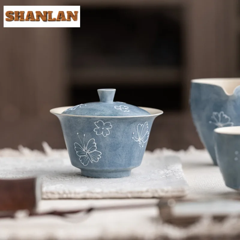 

120ml Hand-painted Butterfly Two-talent Gaiwan Handmade Tea Tureen Tea Bowl With Lid Kit Tea Brewing Cover Bowl Drinkware Craft