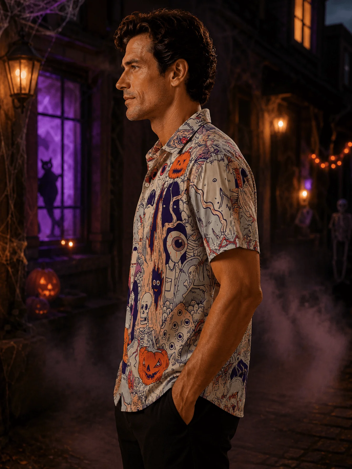 Men's halloween short sleeve shirt random all over print skull pumpkin monster lapel top loose lightweight for party beach daily