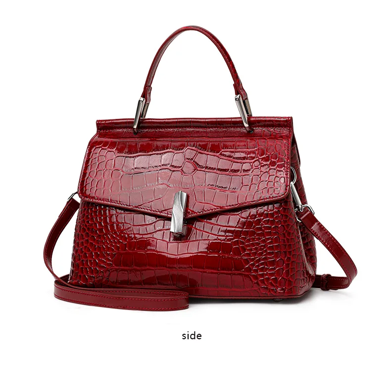 Damen-Handtasche aus Krokodilleder-Imitat, Glänzend Rote Henkeltasche mit Metallverschluss, Damen-Umhängetasche für Arbeit & Alltag – Detail 8