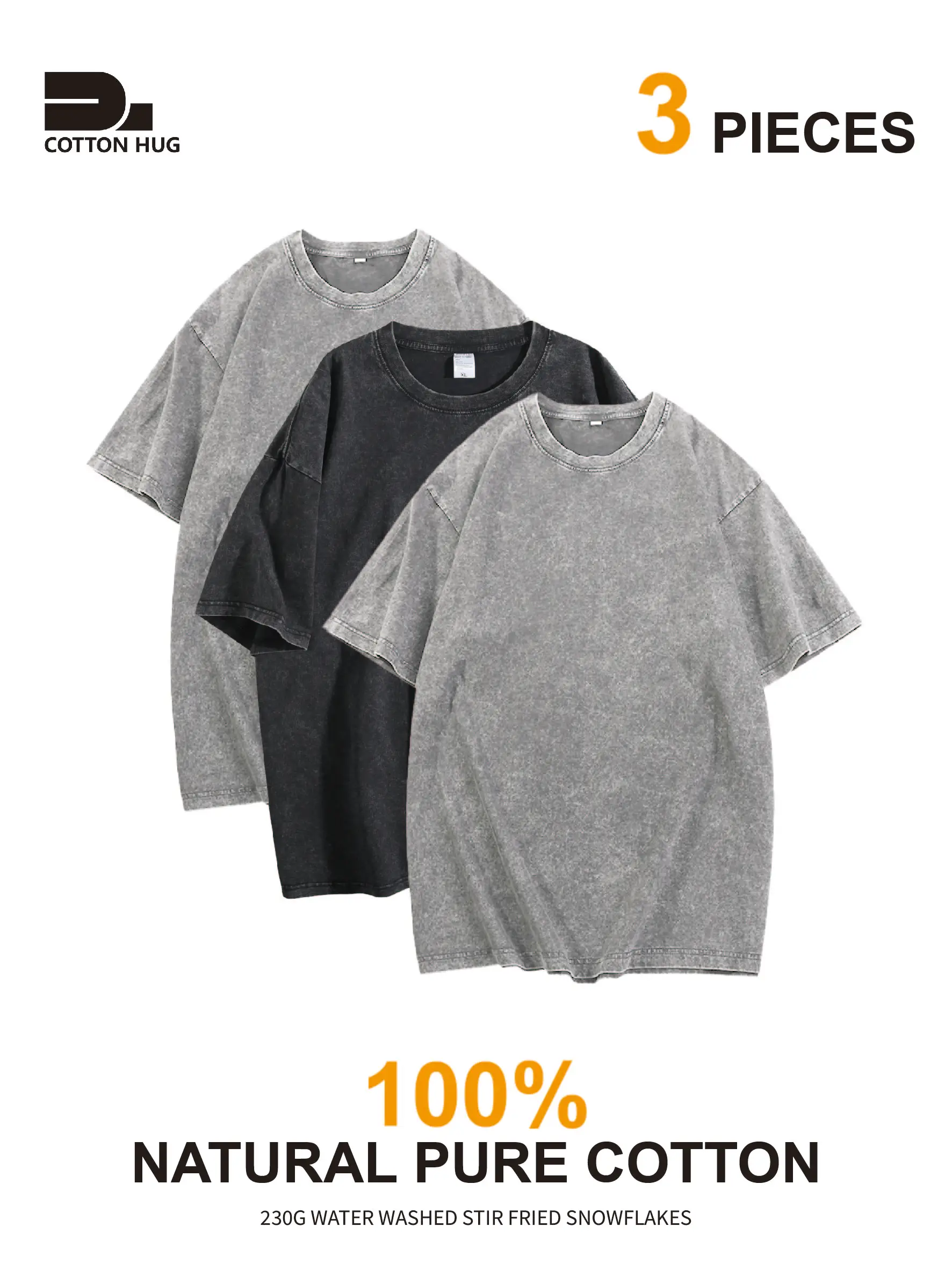 

3-Pack Vintage Washed T-Shirts Comfortable Cotton Casual Daily Wear Unisex Suitable for Couples