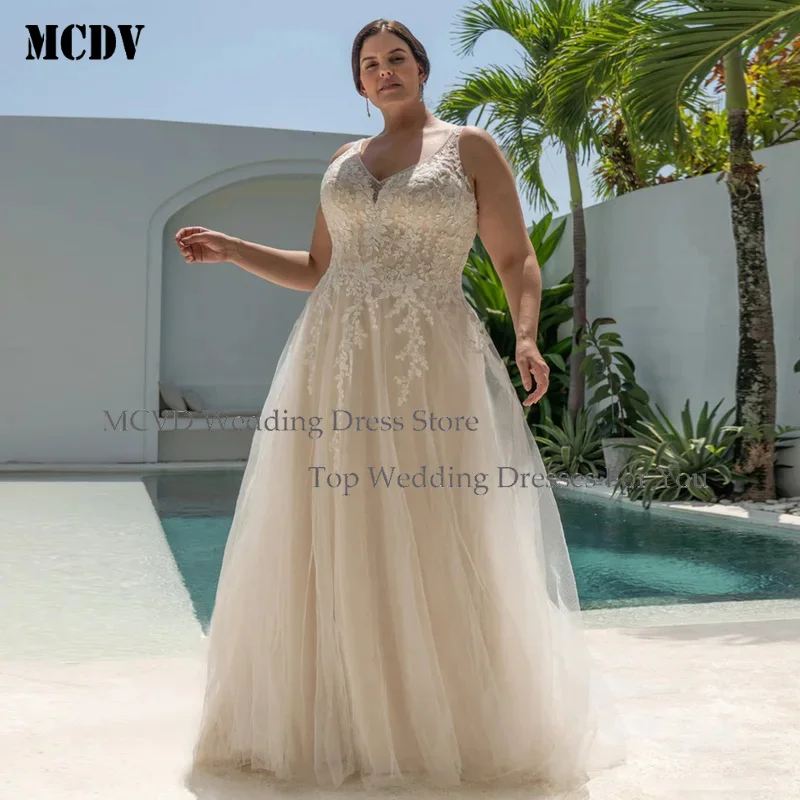 

MCDV Champagne Plus Size Wedding Dress Customized Sleeveless V Neck Beading Applique Soft Tulle A Line Bridal Gown