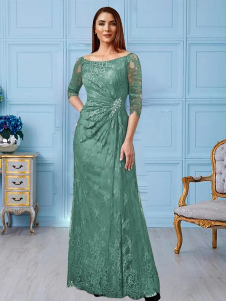 

Long Green Lace Mother of the Bride Dress with Half Sleeve Robes Invitee Mariage vestidos de fiesta elegantes para mujer2024