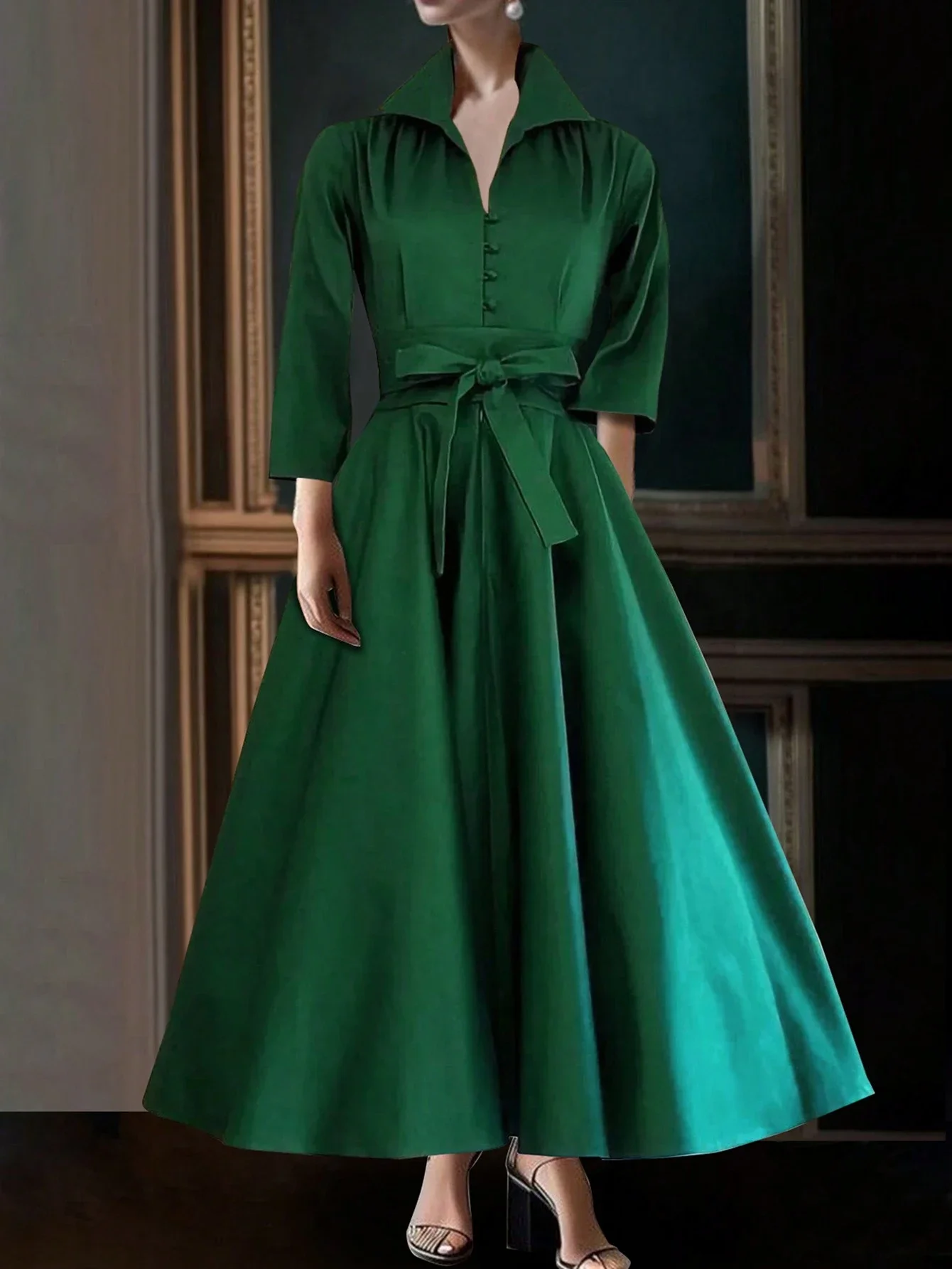 

Stand Collar Three Quarter Sleeve Buttoned A-Line Dress For Women