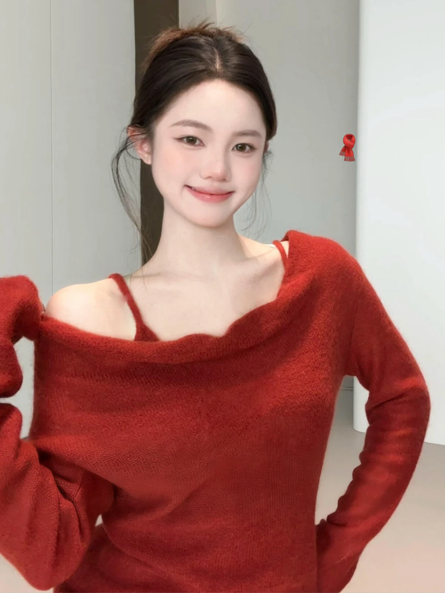 

New Year Red Knitted Sweater oulder Bared Neline Polyester Fiber Long Sve Regular Fit Sweet Sle Online Exclusive