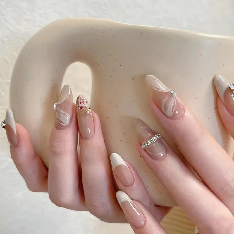 24Pcs False Nails Tips Patches Butterfly Reusable Pink Diamond Butterfly Stick on Round Head Press on Nails Long Oval Fake Nail