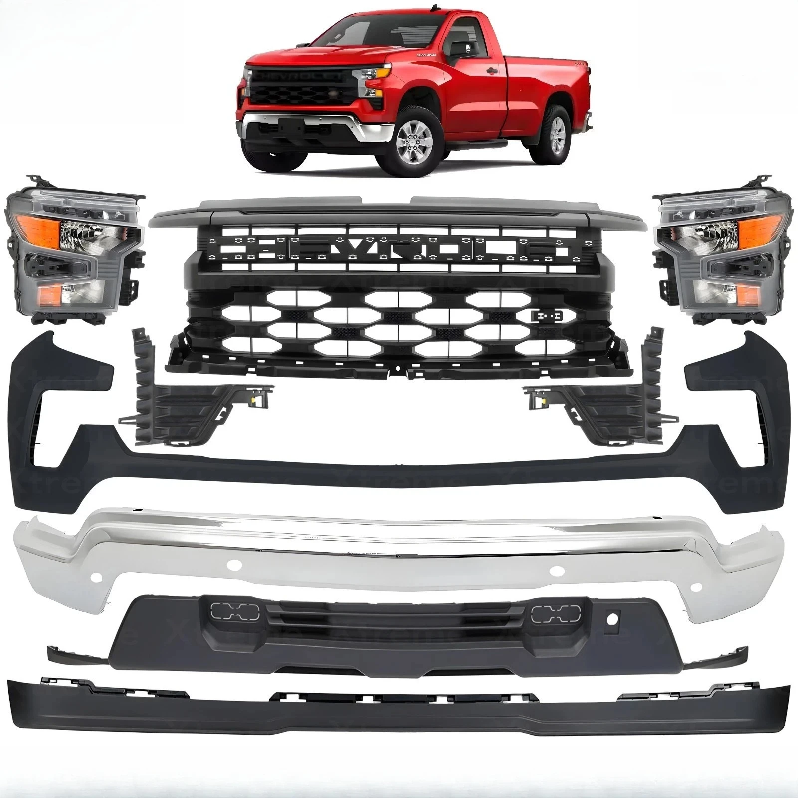 Front Bumper Face Bar Chrome Steel & Headlights For 2022-25 Chevy Silverado 1500