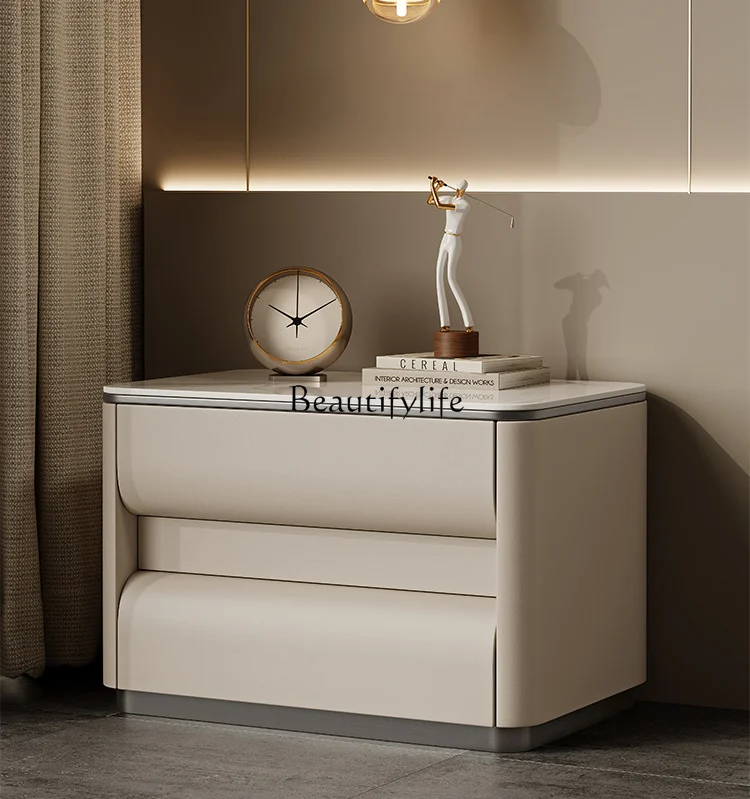 Italian light luxury minimalist cream wind bedside table solid wood leather storage locker