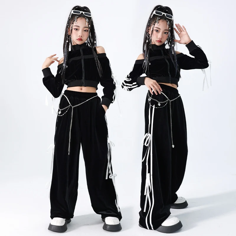 세트 재즈 댄스 소녀 키즈 의류, 힙합 크롭탑 긴팔 바지, 세트 캣워크 쇼 의상, DQL9775