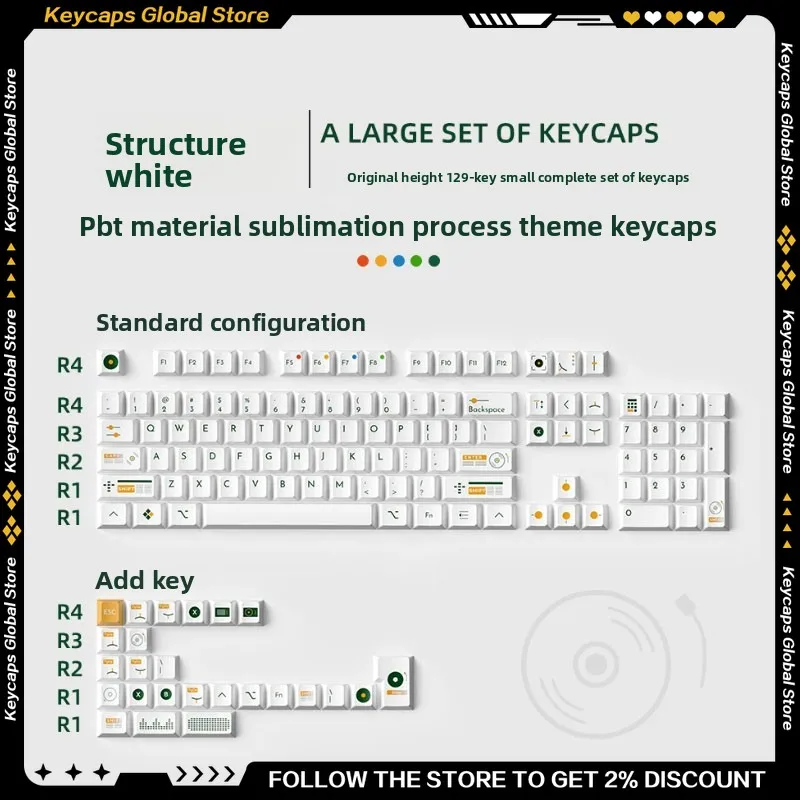Xinmeng Gouxu White Original Artisan Keycap Set Full 129-Key MX Cross Minimalist Elegant All-White PBT Dye-Sub Front Printed Cap