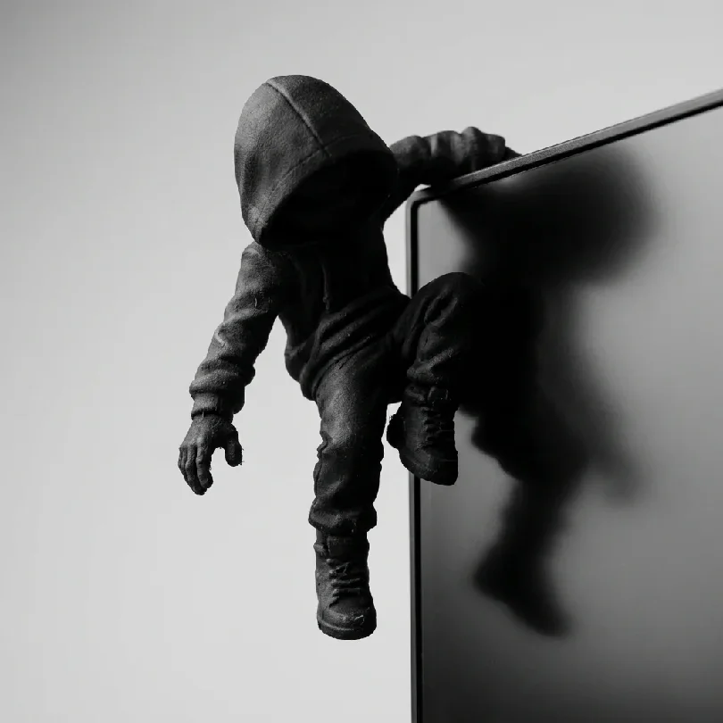 Hooded Climber Monitor Decor Figurine Black 3D Printed Mysterious Desk Ornament for Gaming Setup 3D printing has slight flaws