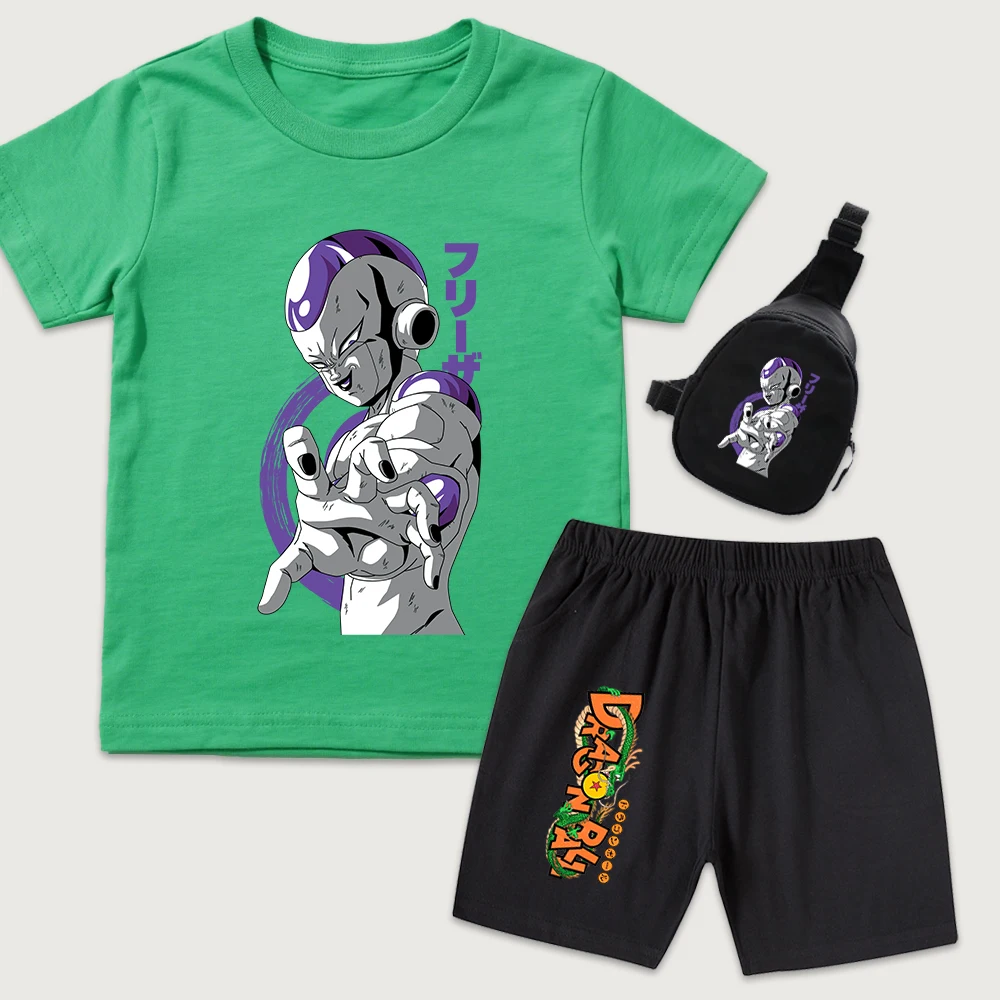 Dbz Freezer Print Kids Summer Outfit Set Boys Girls Cotton T Shirt Shorts Mini Chest Bag 3 Piece Set Casual Clothes for Child
