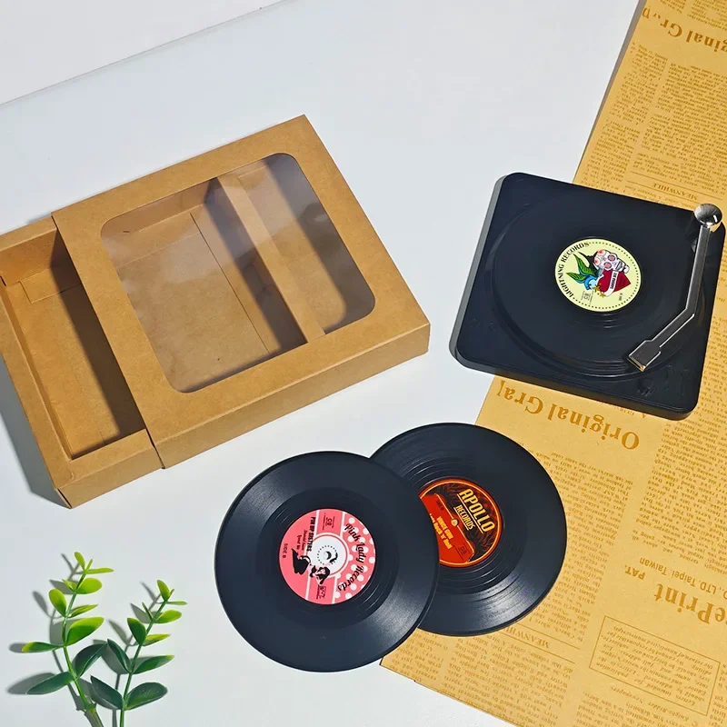 Creative Vinyl Coasters for Drinks Music Coasters with Vinyl Record Player Holder Retro Record Disk Coaster Mug Pad Mat