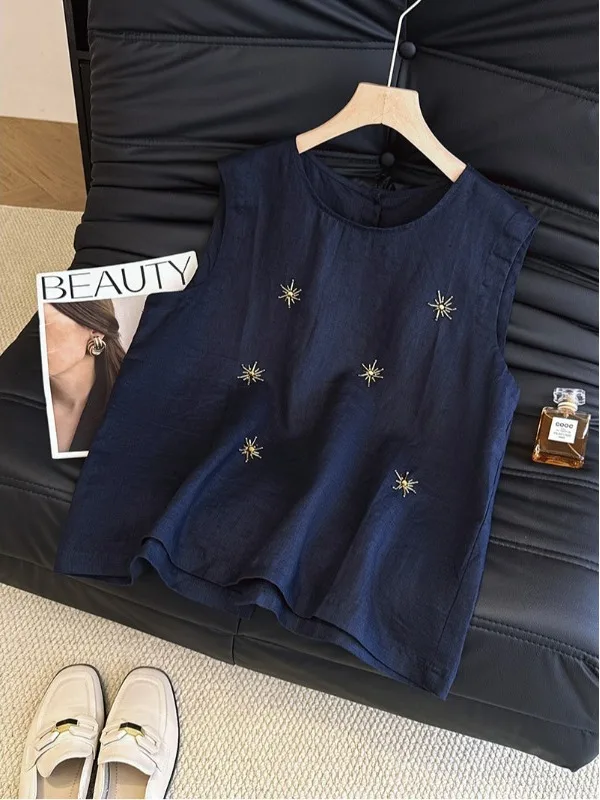 

Retro Heavy Embroidery Linen Crop Top Large Size Women's Svel round Ne Inner Wear Slimming Loose Summer irt