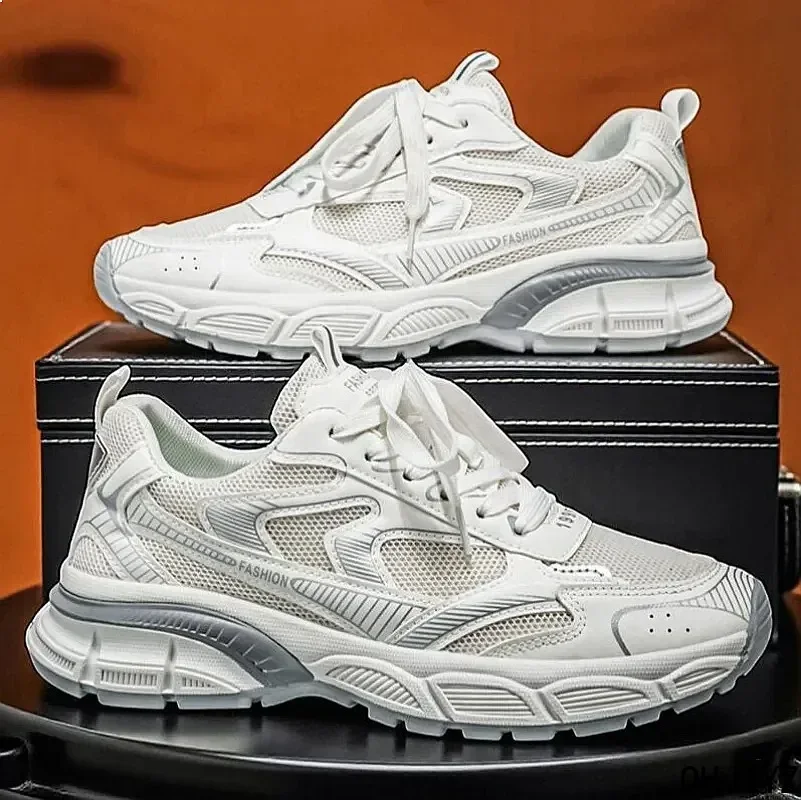 Men's Lightweight Breathable Mesh Running Shoes Fashion Sports Dad Sneakers With Thick Sole Casual White Trainers