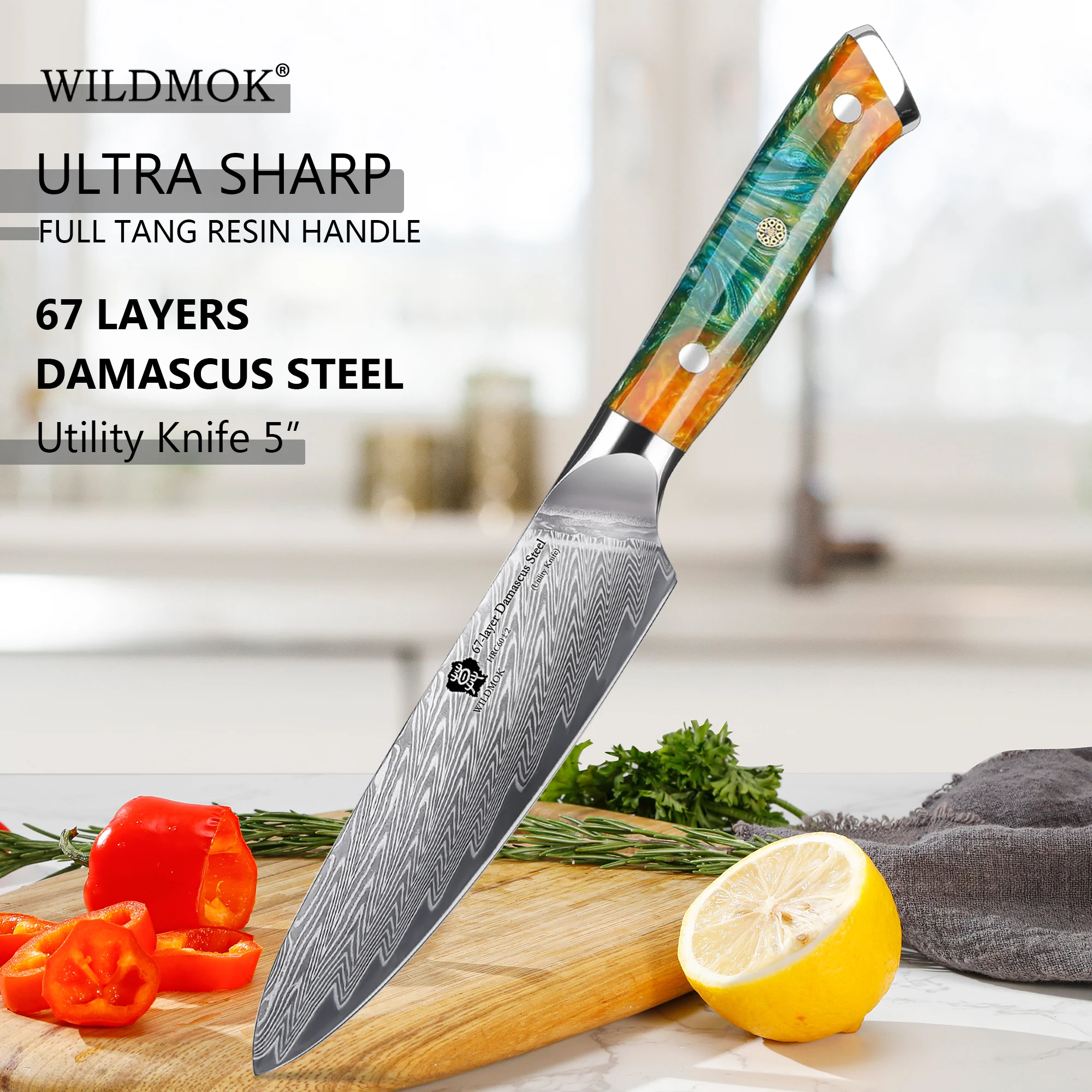 WILDMOK 5 Inch Utility Knife,Damascus Steel Kitchen Knife, Ergonomic ResinHandle, Multipurpose Cutting Knife for Fruit Vegetable