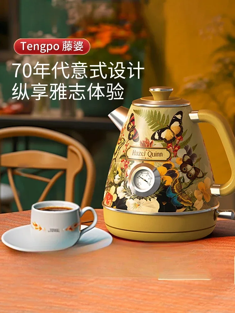 220V Vintage Electric Kettle with Unique Brazilian Artist Hand-painted Design, 304 Stainless Steel A