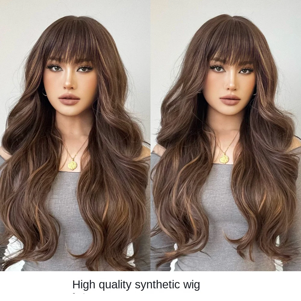 

Brown Wig With Bangs Long Wavy Mixed Blonde Highlight Ombre Natural Curly Synthetic Resistant Fiber Wigs for Women Daily Party