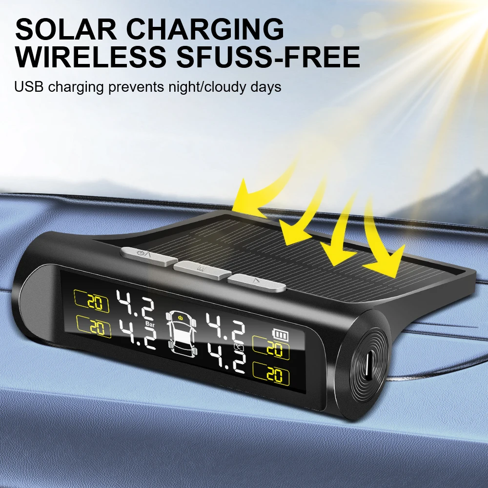 Digital LCD Display Tyre Pressure Auto Security Alarm 2025 Car TPMS Tyre Pressure Monitoring System External Sensor Solar Power